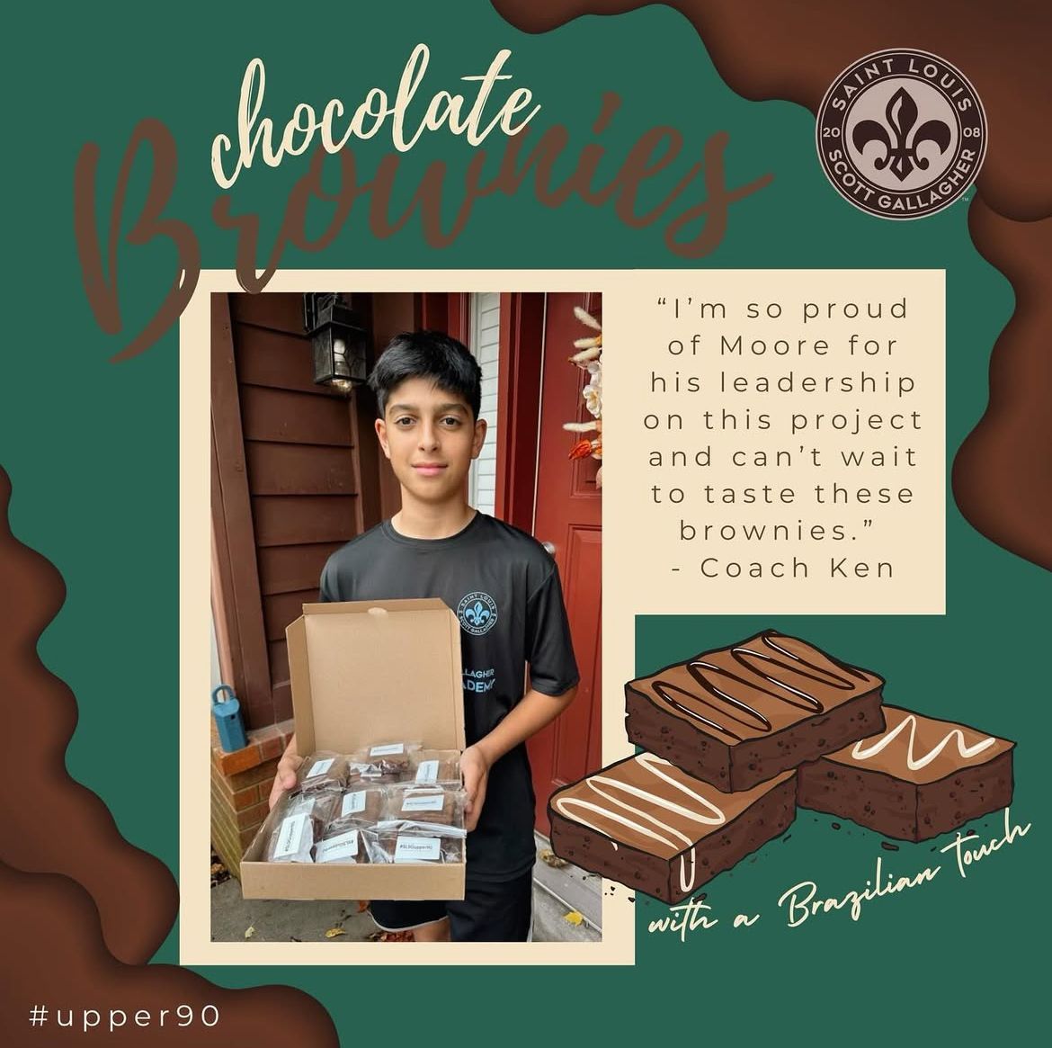 Teen holding a box of chocolate brownies beside a brownie promo graphic on a green background