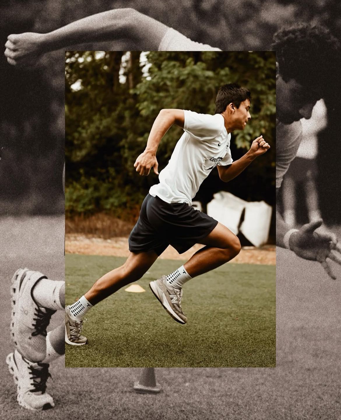 Runner sprinting on a track, overlaid with a grayscale motion sequence background.