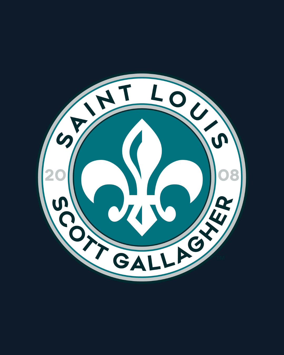 Saint Louis Scott Gallagher soccer club crest with teal fleur-de-lis on dark background