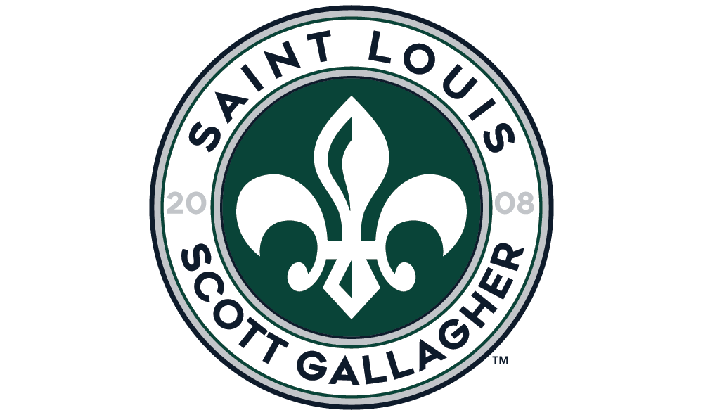 Saint Louis Scott Gallagher soccer club logo with green fleur-de-lis in a circular emblem