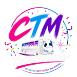 CTM logo with colorful confetti and a white party bus on a white background