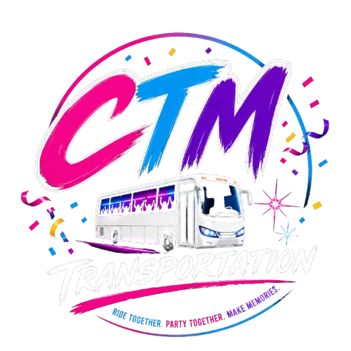 CTM logo with colorful confetti and a white party bus on a white background