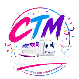 CTM logo with colorful confetti and a white party bus on a white background