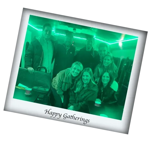 Group smiling at a gathering under green lighting, with “Happy Gatherings” caption.