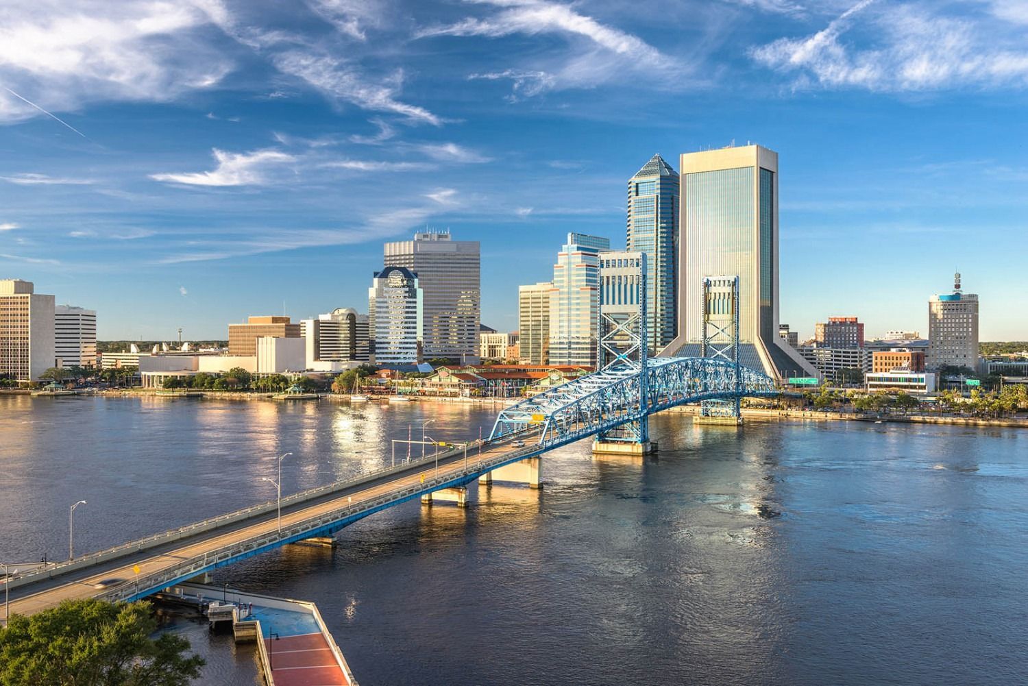 Riverfront city skyline with a blue pedestrian bridge over calm water at sunset