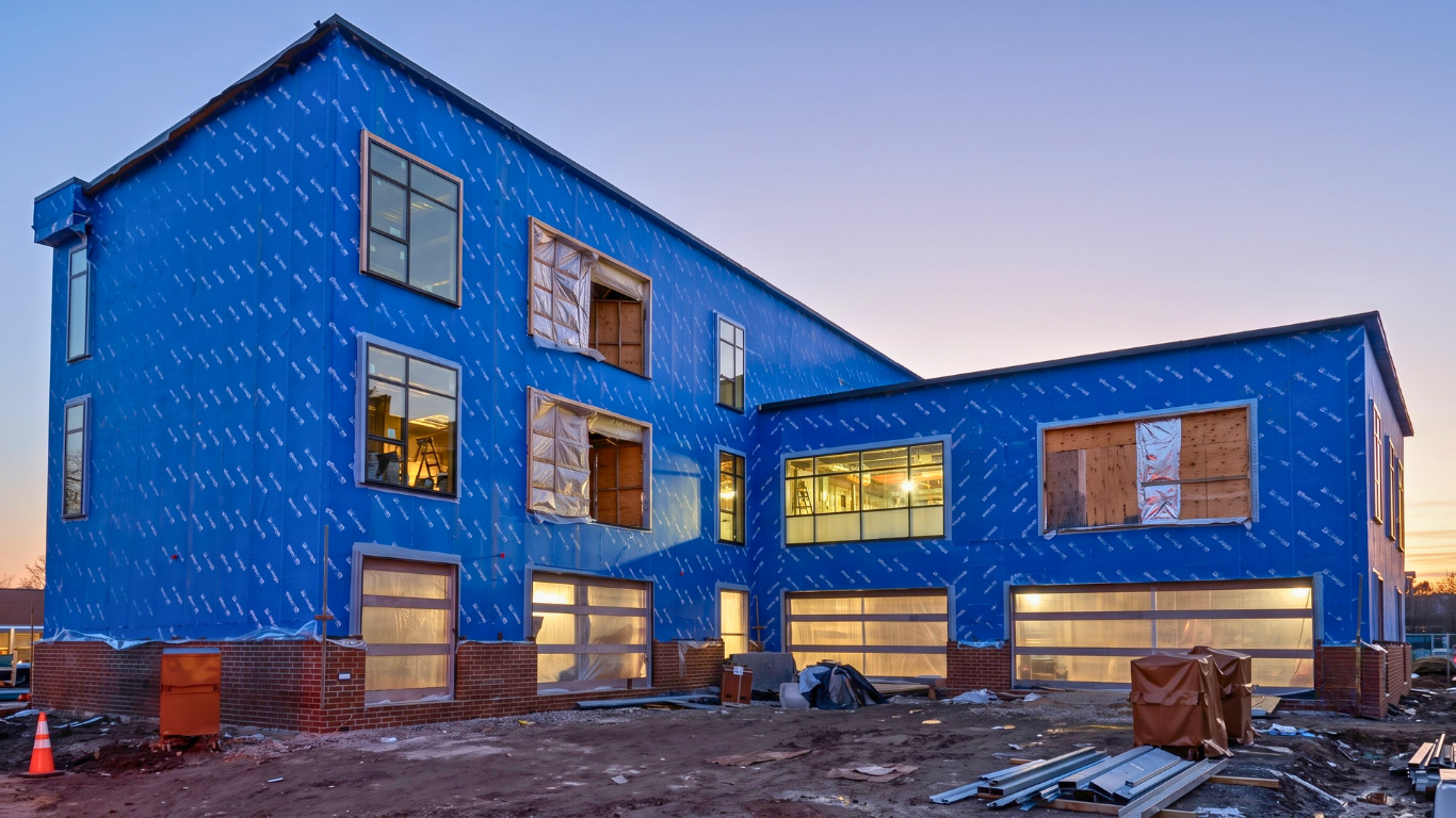 Blue-foamed house under construction at dusk, with lit windows and bare dirt foreground