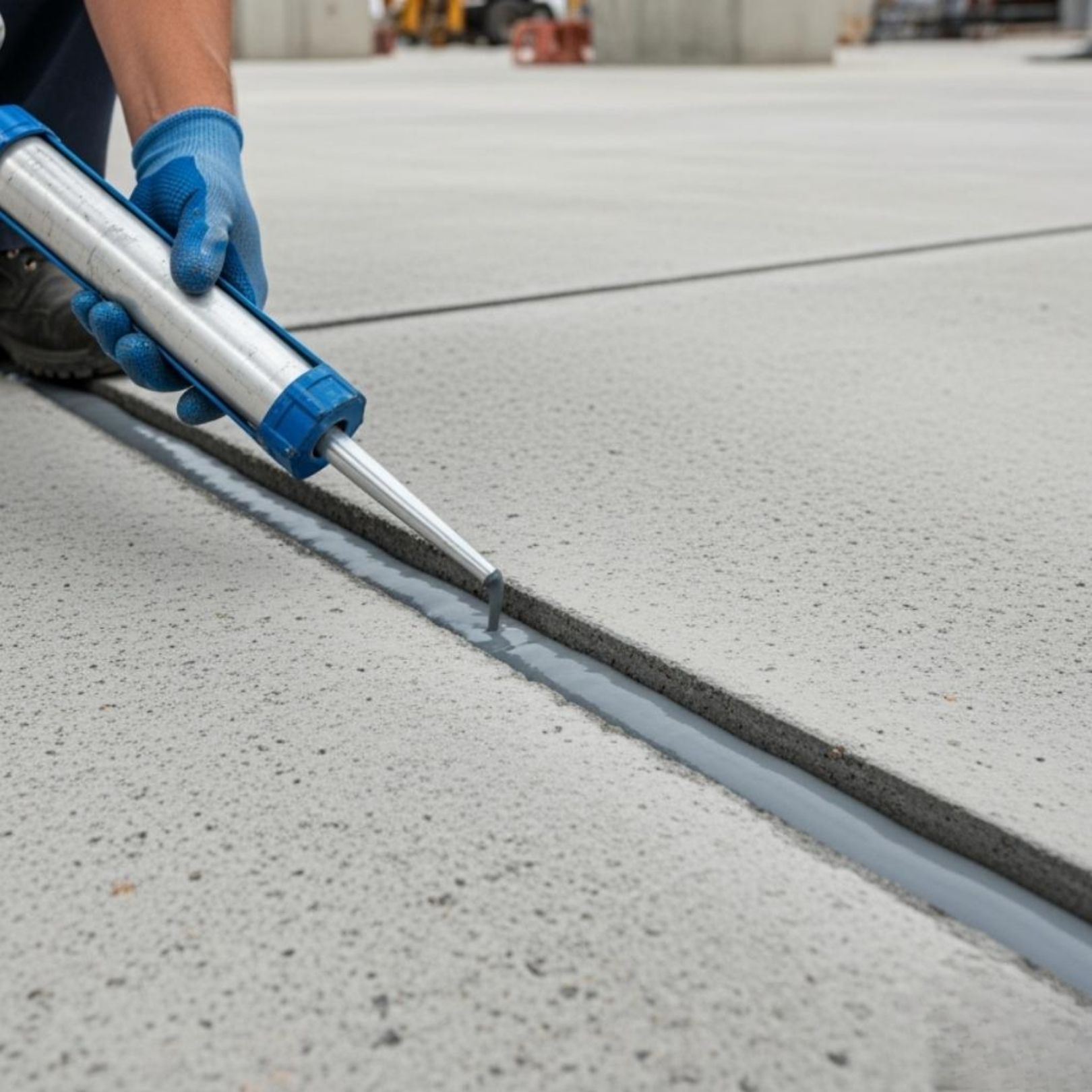 Gloved hand applying sealant to a concrete floor joint with a caulking gun