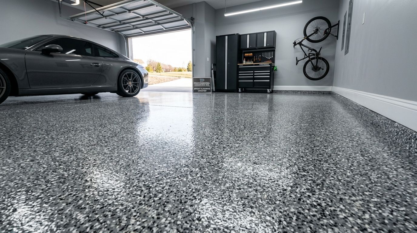 Detached garage with a black car, speckled epoxy floor, and bikes on the wall near the open door.