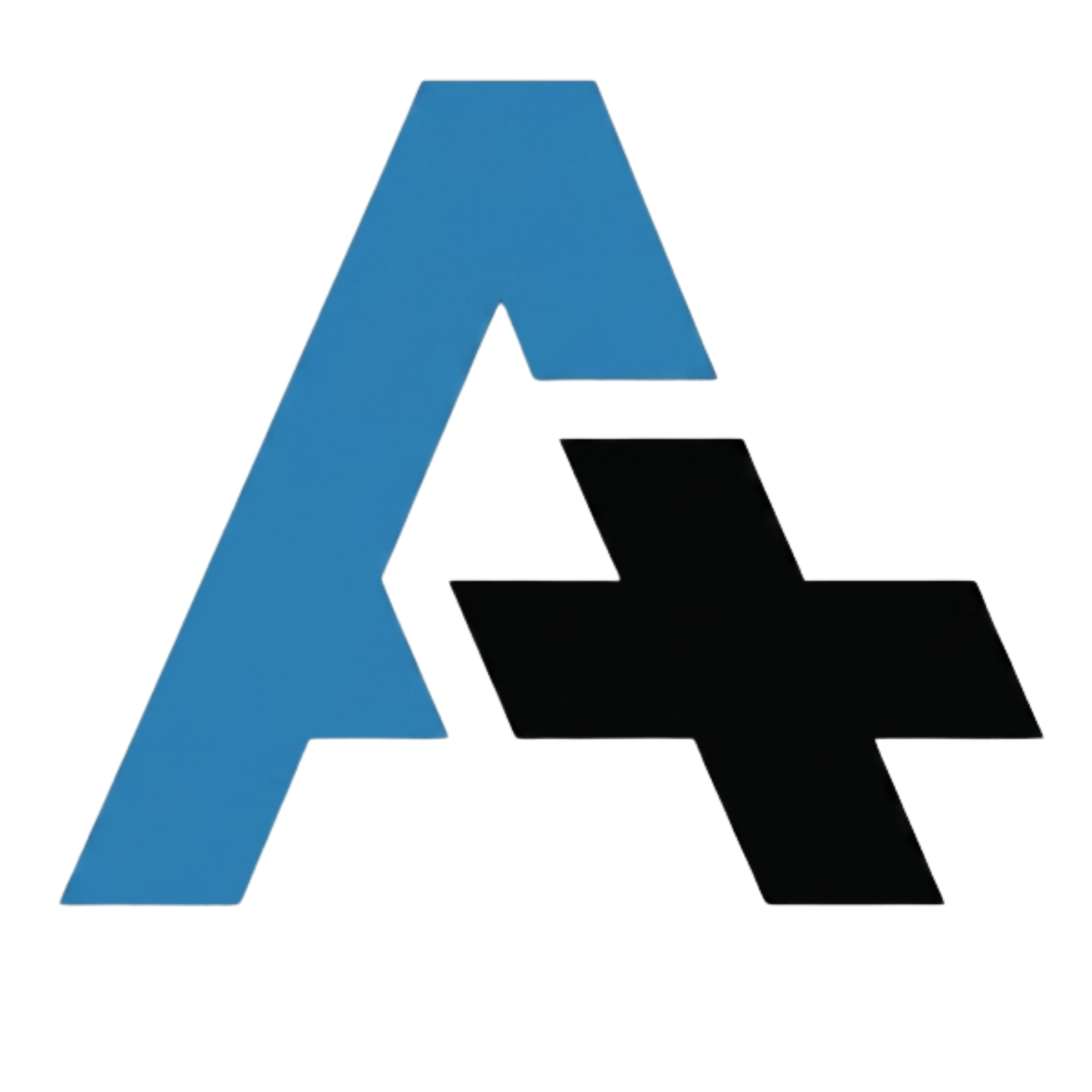 Blue and black abstract letter A logo with a cross-like black shape overlaid