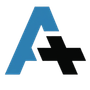 Blue and black abstract letter A logo with a cross-like black shape overlaid