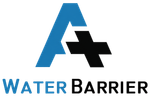 WaterBarrier logo with stylized blue and black “A” and blue-and-black text on white background