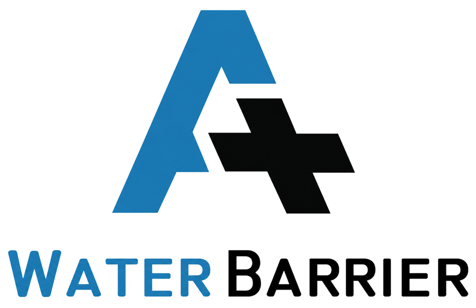 Water Barrier logo with blue and black stylized letters on a white background