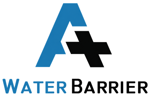 WaterBarrier logo with blue and black stylized A and the wordmark below