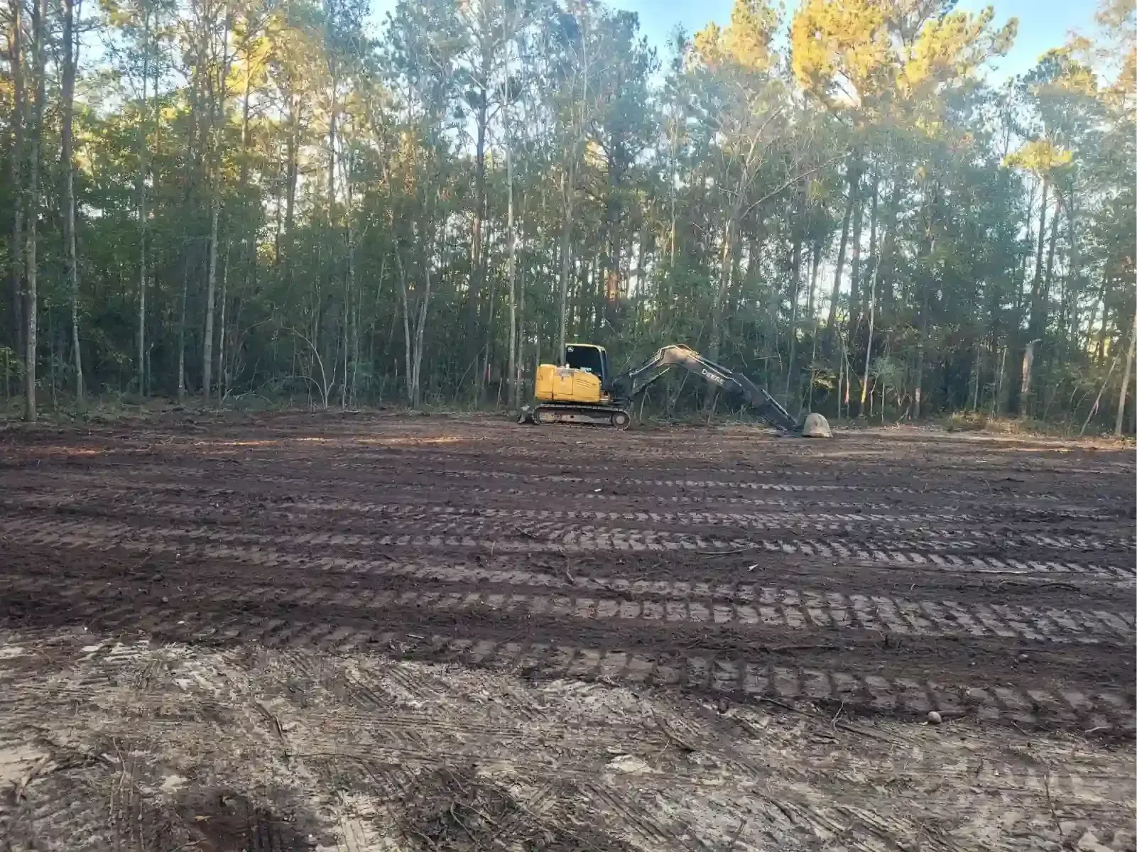 A yellow excavator sits on a cleared, dark dirt lot in front of a dense forest of pine trees.