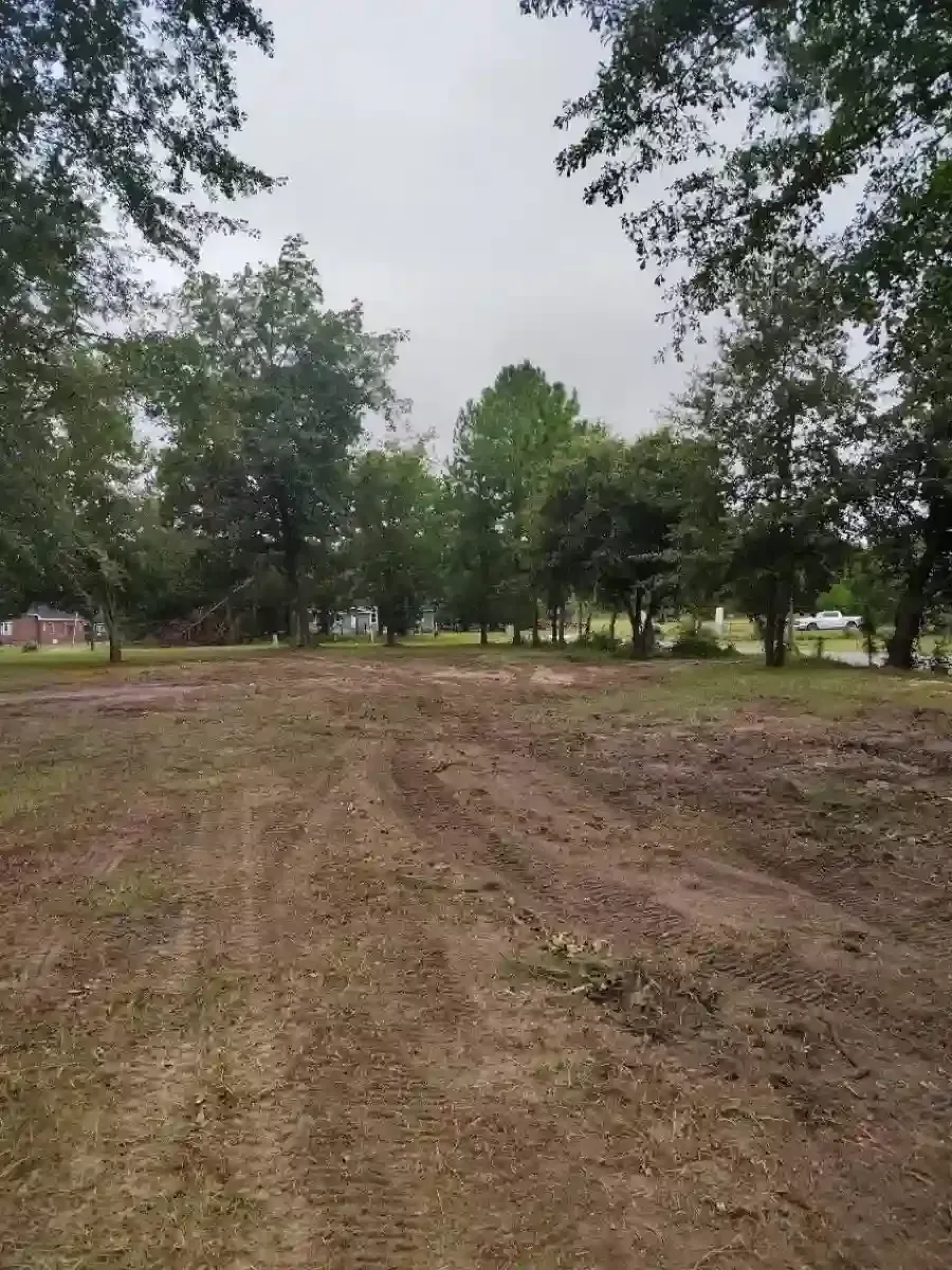 A wide, level clearing of dirt and grass, bordered by mature trees under a cloudy sky.