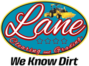 Logo for Lane Clearing and Grading featuring a yellow tractor on a blue oval with the slogan, "We Know Dirt."