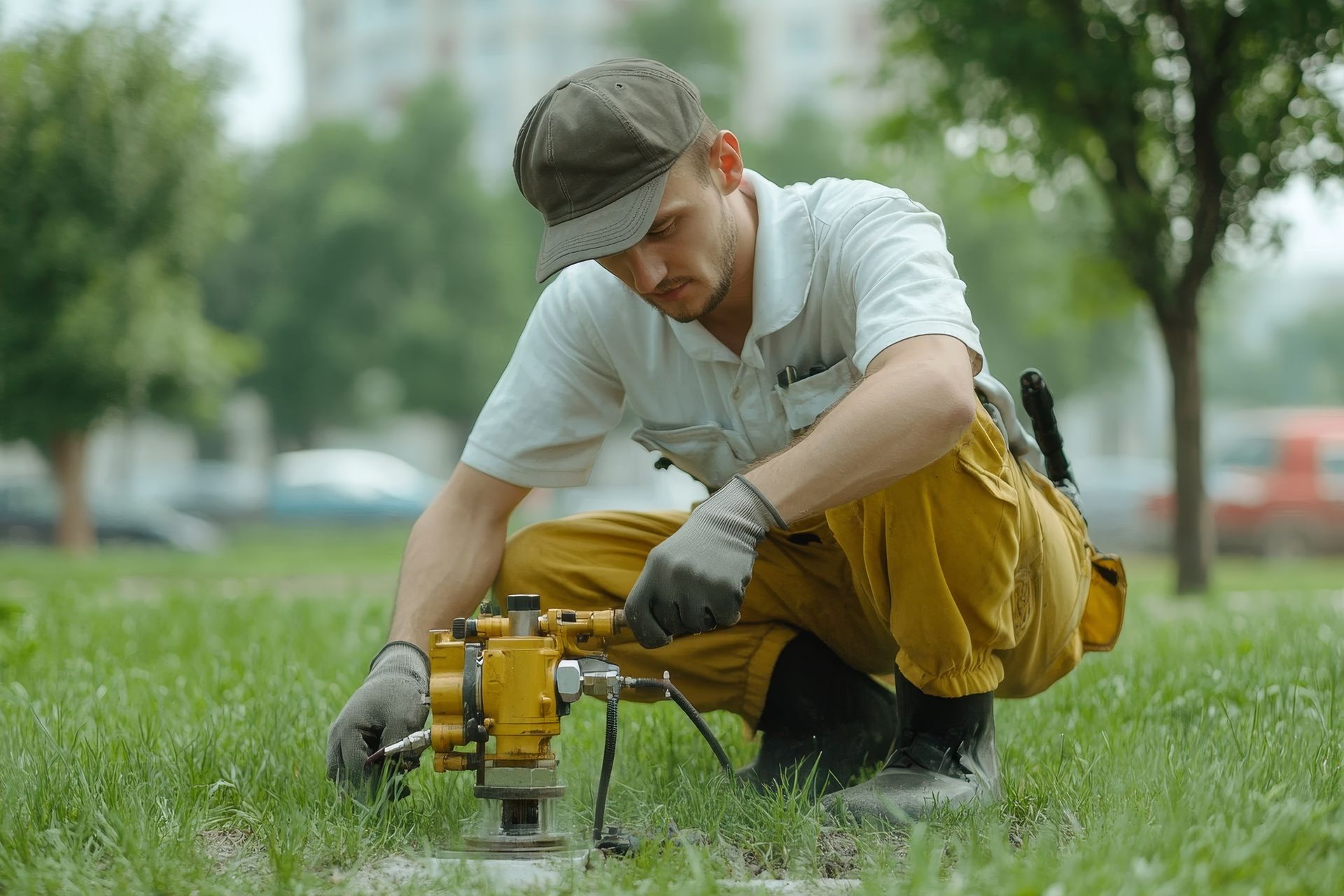 A man is kneeling down in the grass working on a machine.