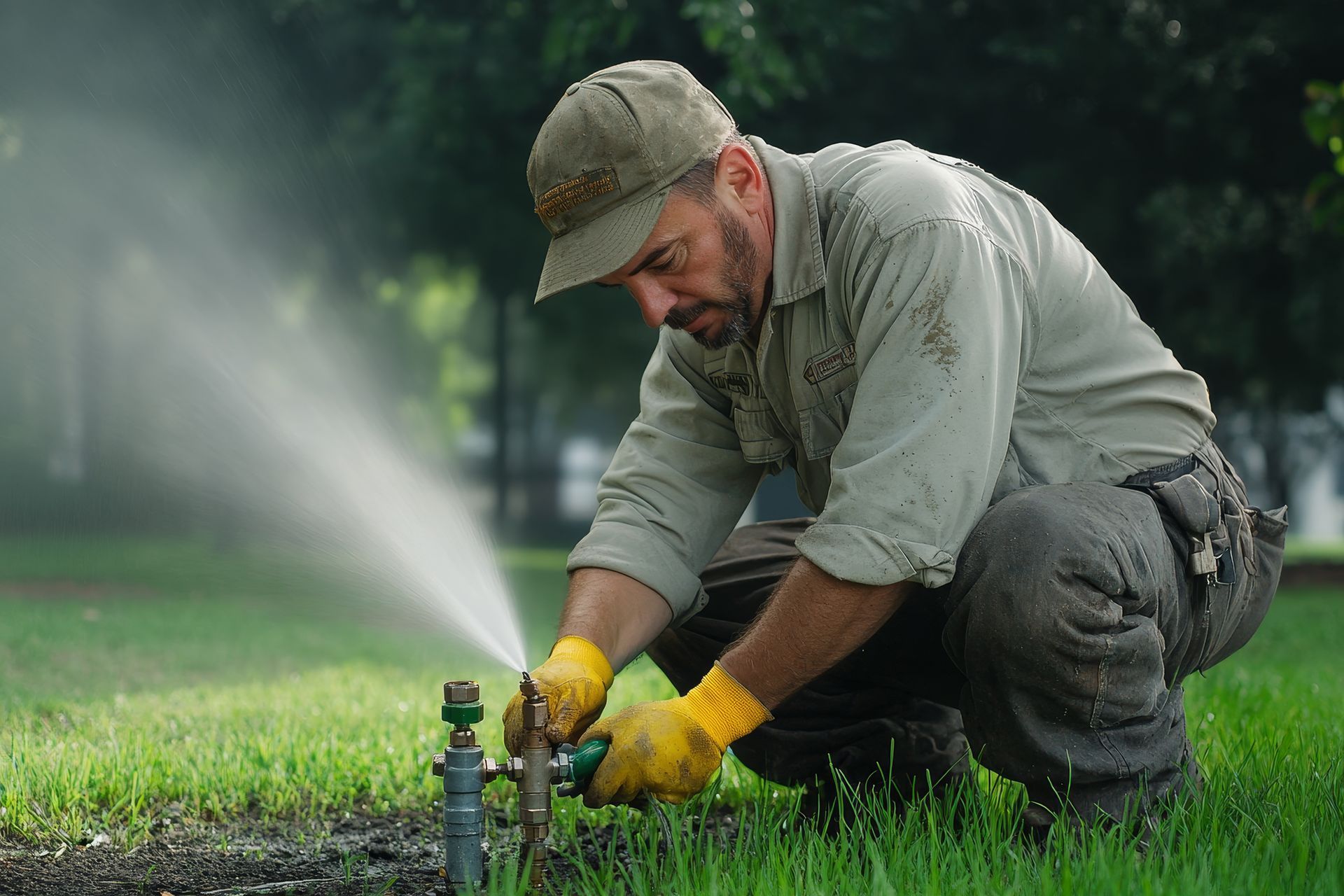 A man is working on a sprinkler in the grass.