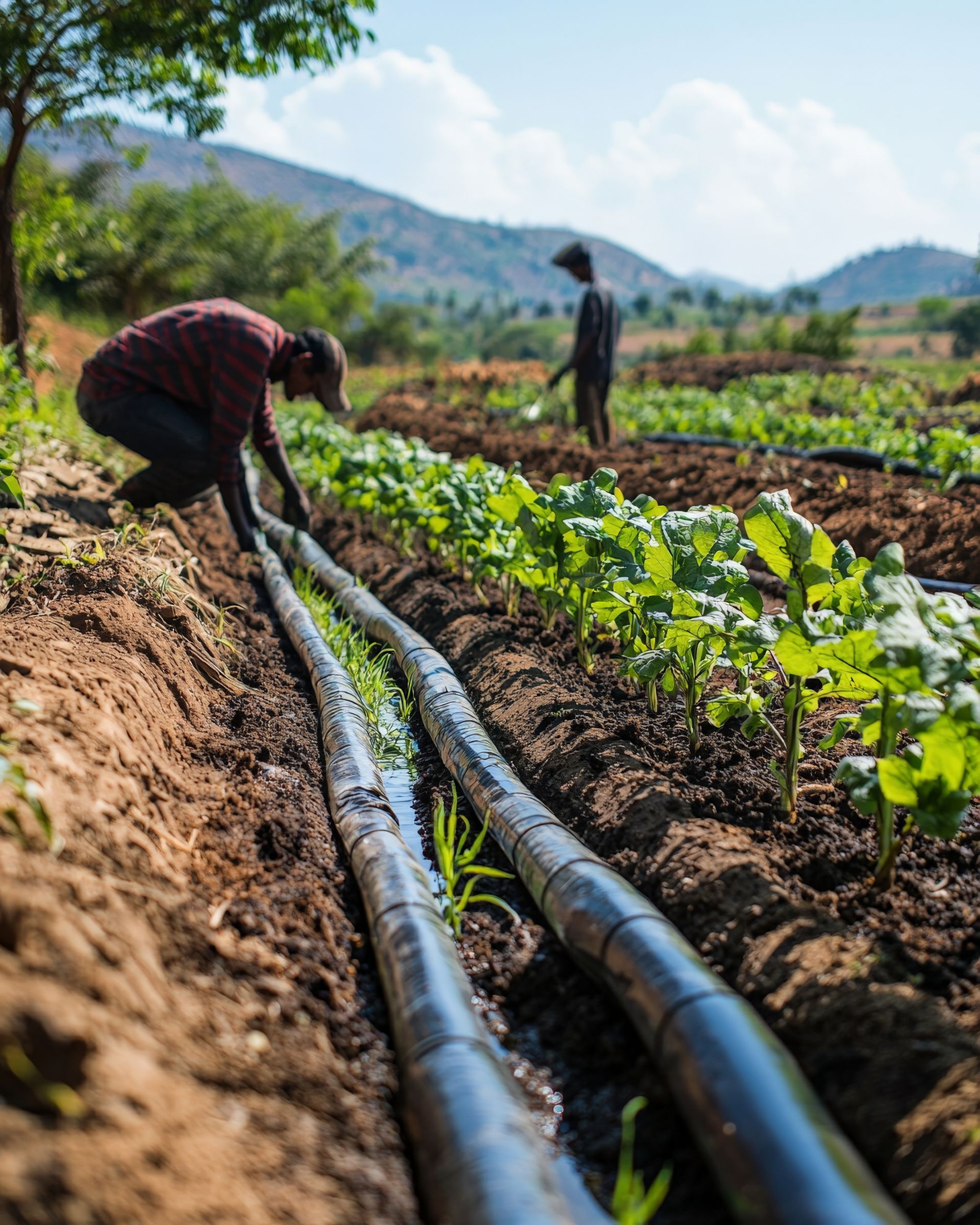 A man is working in a field with a hose