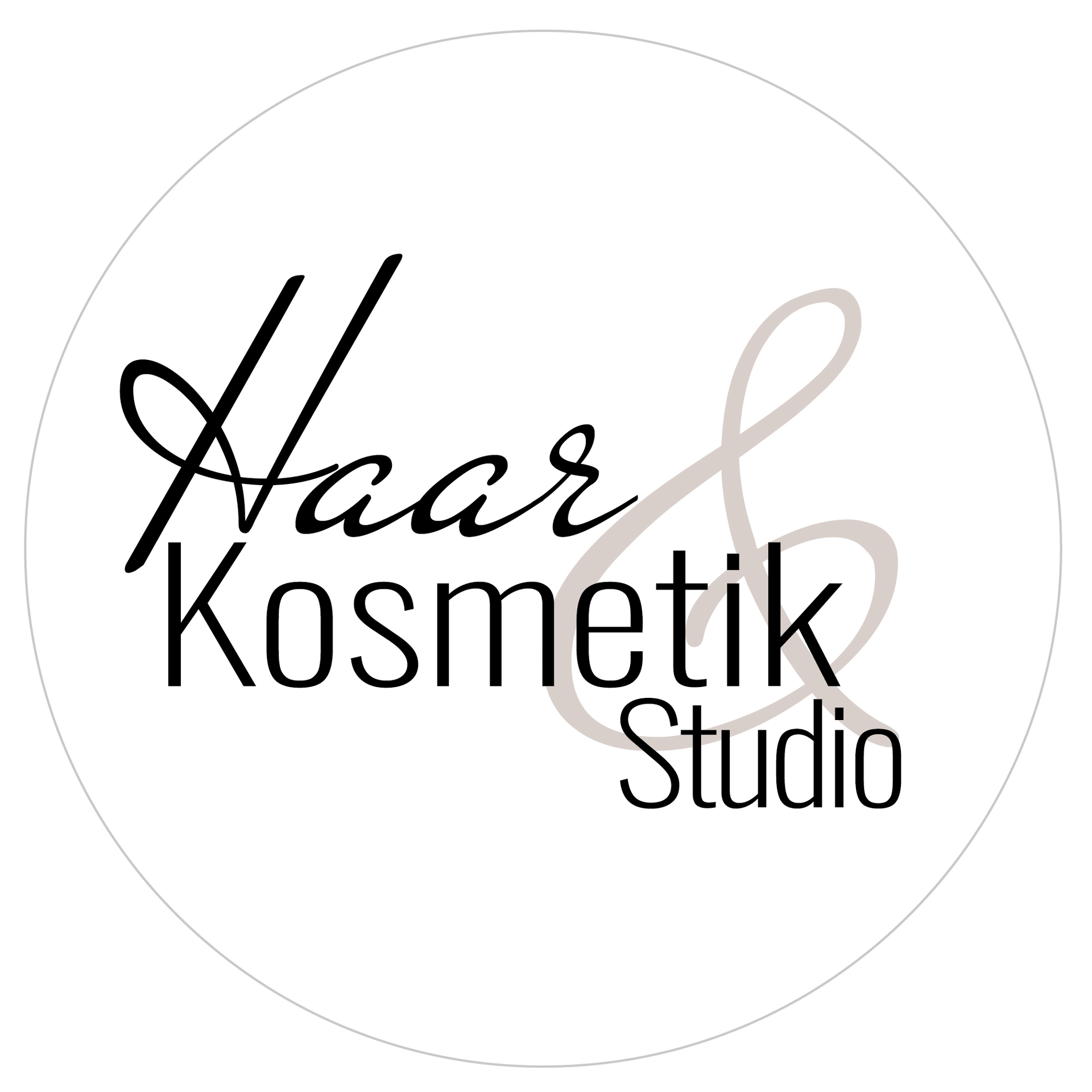 Logo für „Haar & Kosmetik Studio“ in schwarz-grauer Schrift innerhalb eines weißen Kreises.