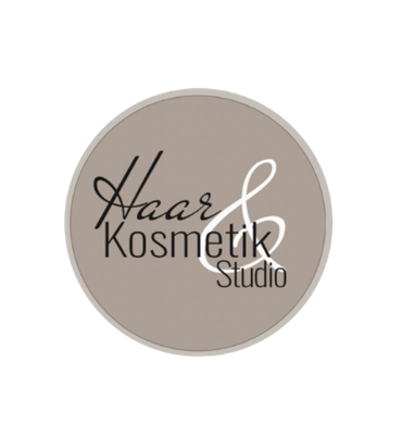 logo beige Logo: „Haar & Kosmetik Studio“ in einem beigen Kreis. Schwarzer Text und weißes „&“-Symbol.