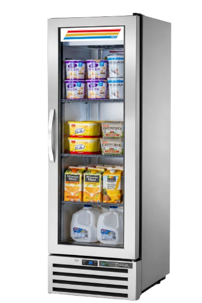 Glass-door refrigerator stocked with assorted dairy and juice cartons, with a stainless steel exterior.