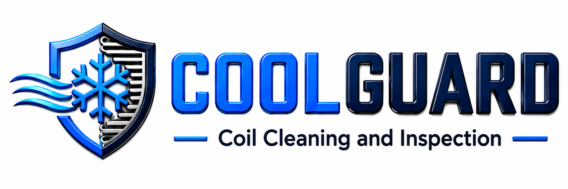 CoolGuard logo with shield and snowflake icon, blue text, “Coil Cleaning and Inspection” tagline