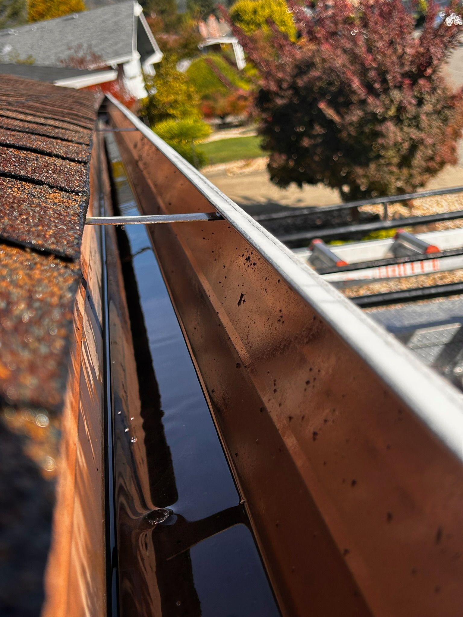 Gutter filled with water, likely blocked. Brown roof shingles and a view of a street in the background.
