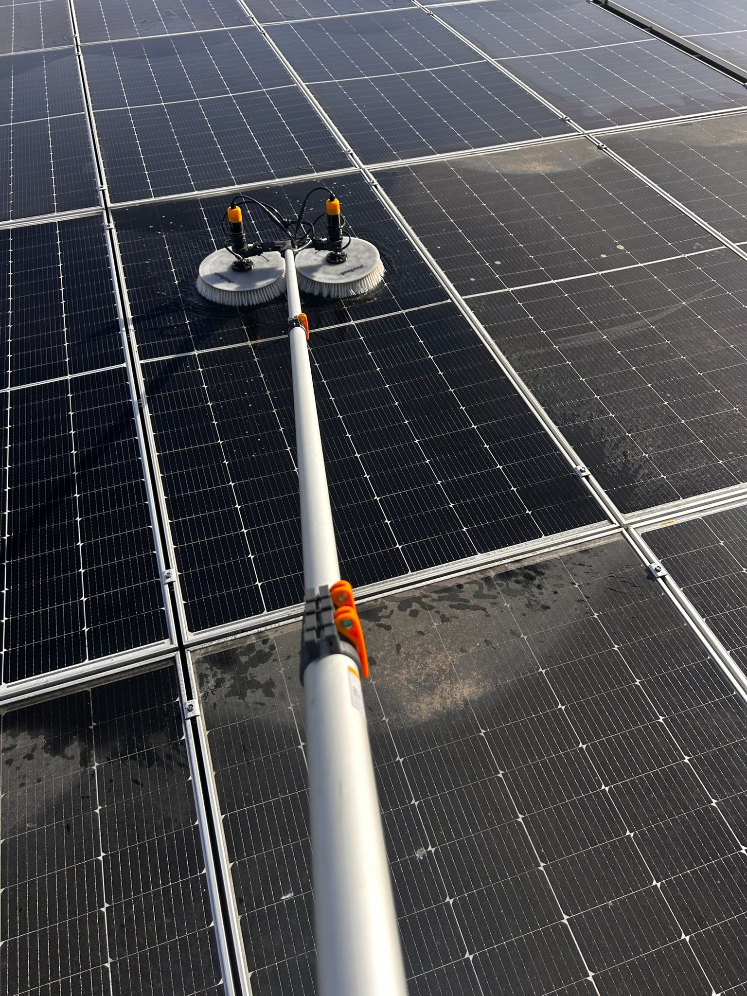 Cleaning solar panels with a long-handled brush on a sunny day.
