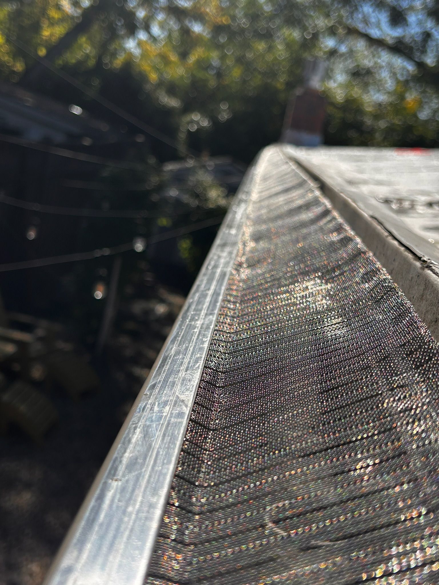 Close-up of a gutter with a mesh screen, sunlight reflecting off the metal and leaves.