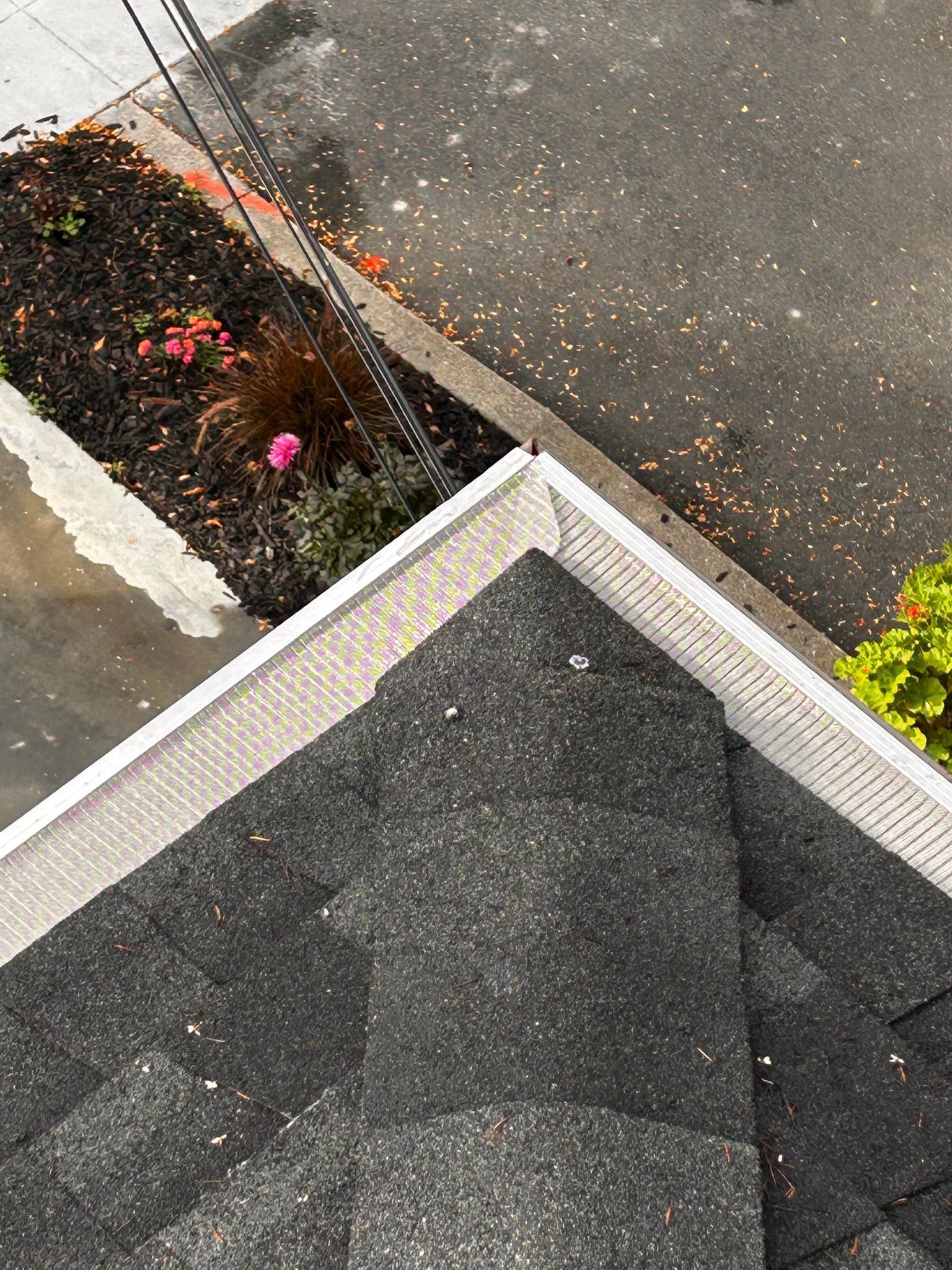 Overhead view of a dark asphalt shingle roof corner with a white-trimmed edge, sidewalk, and garden.