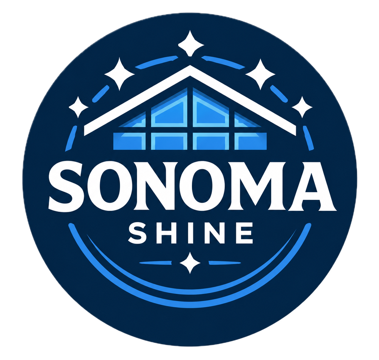 Sonoma Shine logo: White house silhouette with blue windows, stars, and text on a dark blue circle.