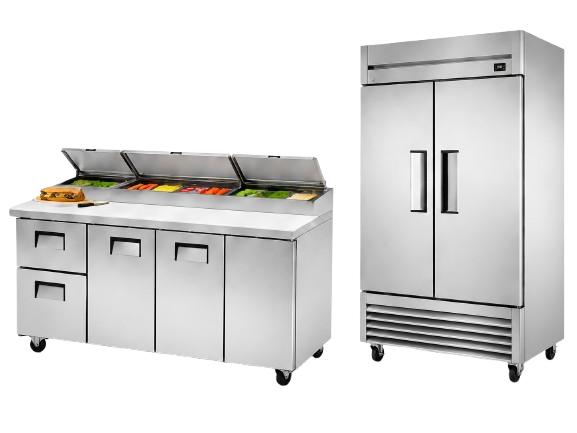 Stainless steel commercial kitchen prep table and double-door refrigerator on white background