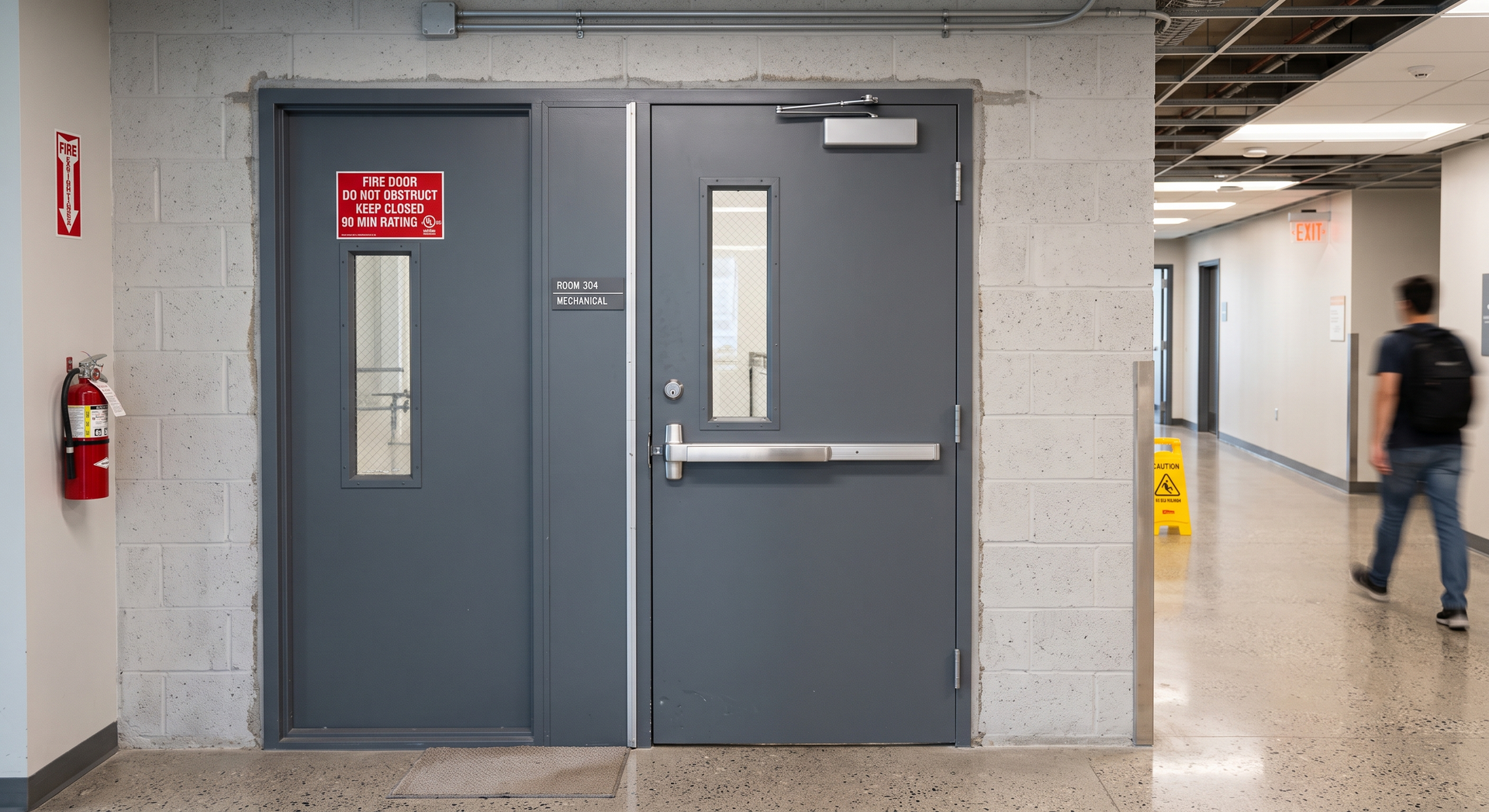 Gray double doors in a concrete hallway, with a fire extinguisher and a person walking in the background.