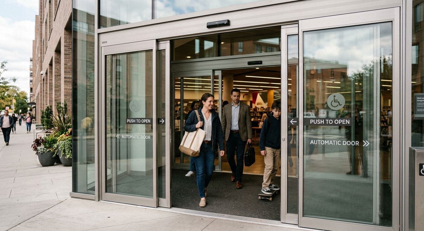 People walking through a glass storefront entrance in a city sidewalk setting