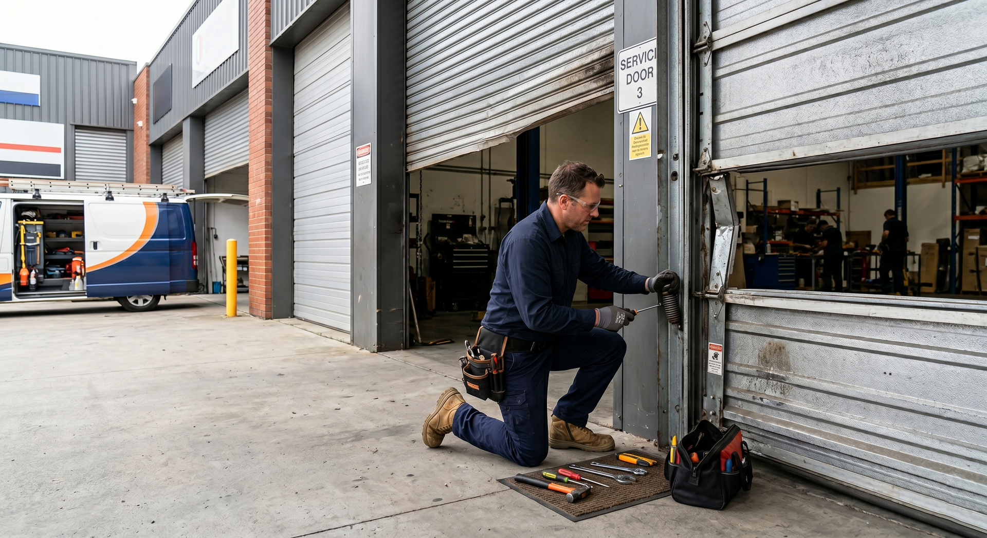 Worker kneeling at a warehouse loading dock, repairing a roll-up door with tools nearby.