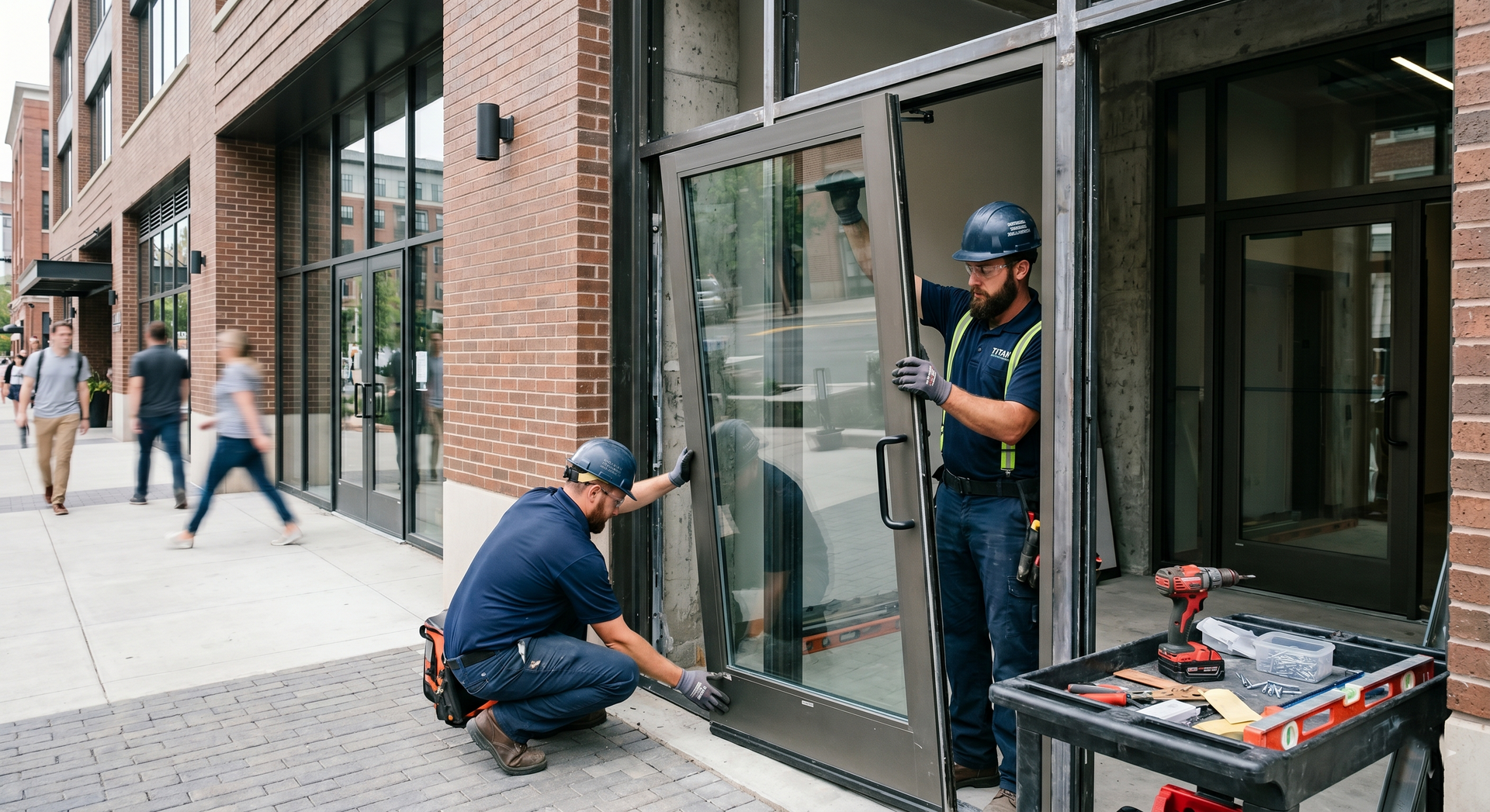 Two workers installing a glass storefront door on a city sidewalk, one kneeling and one standing with tools.