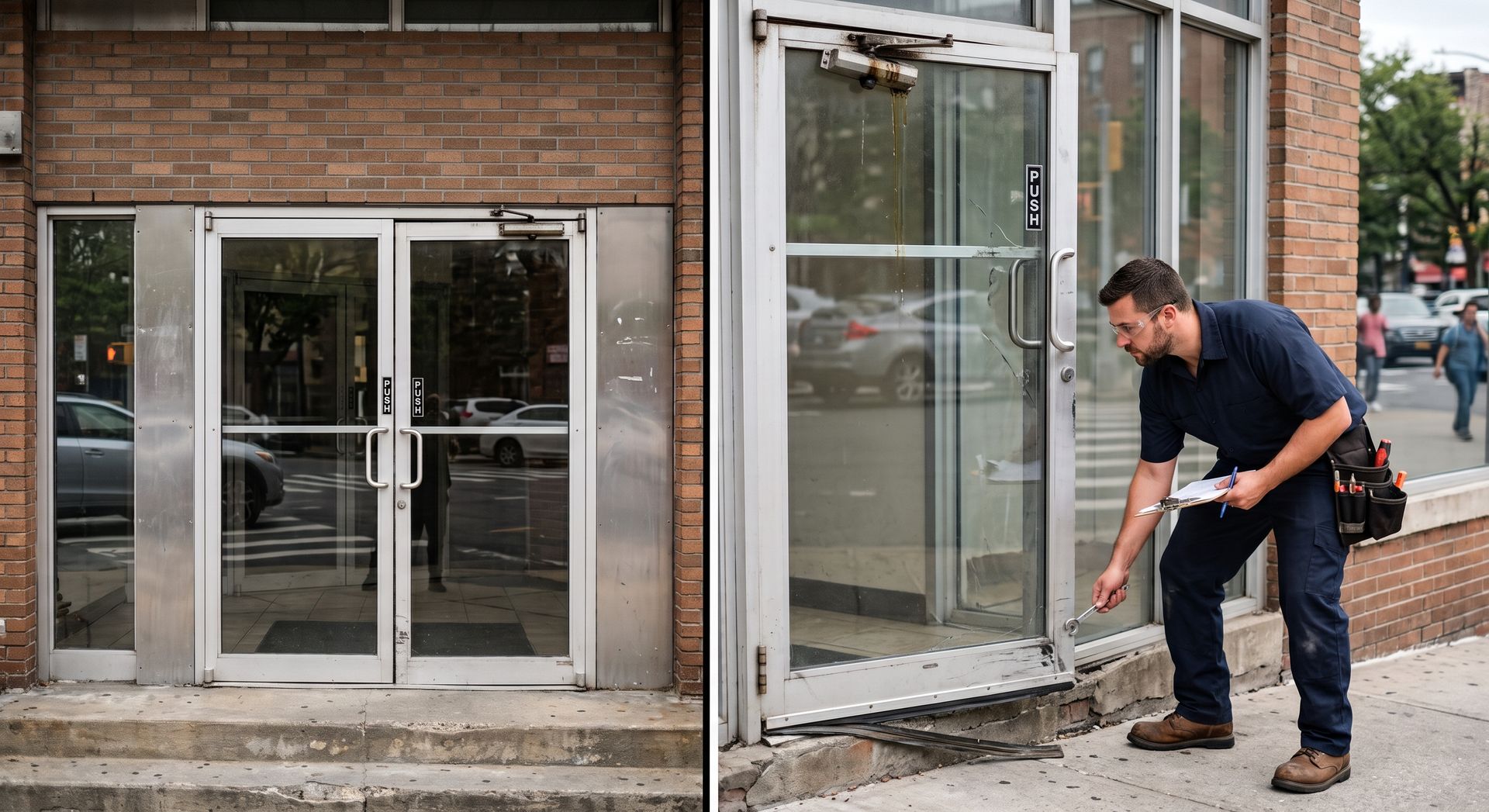 Man in dark clothes using a tool to pry up a glass door frame at a brick storefront entrance