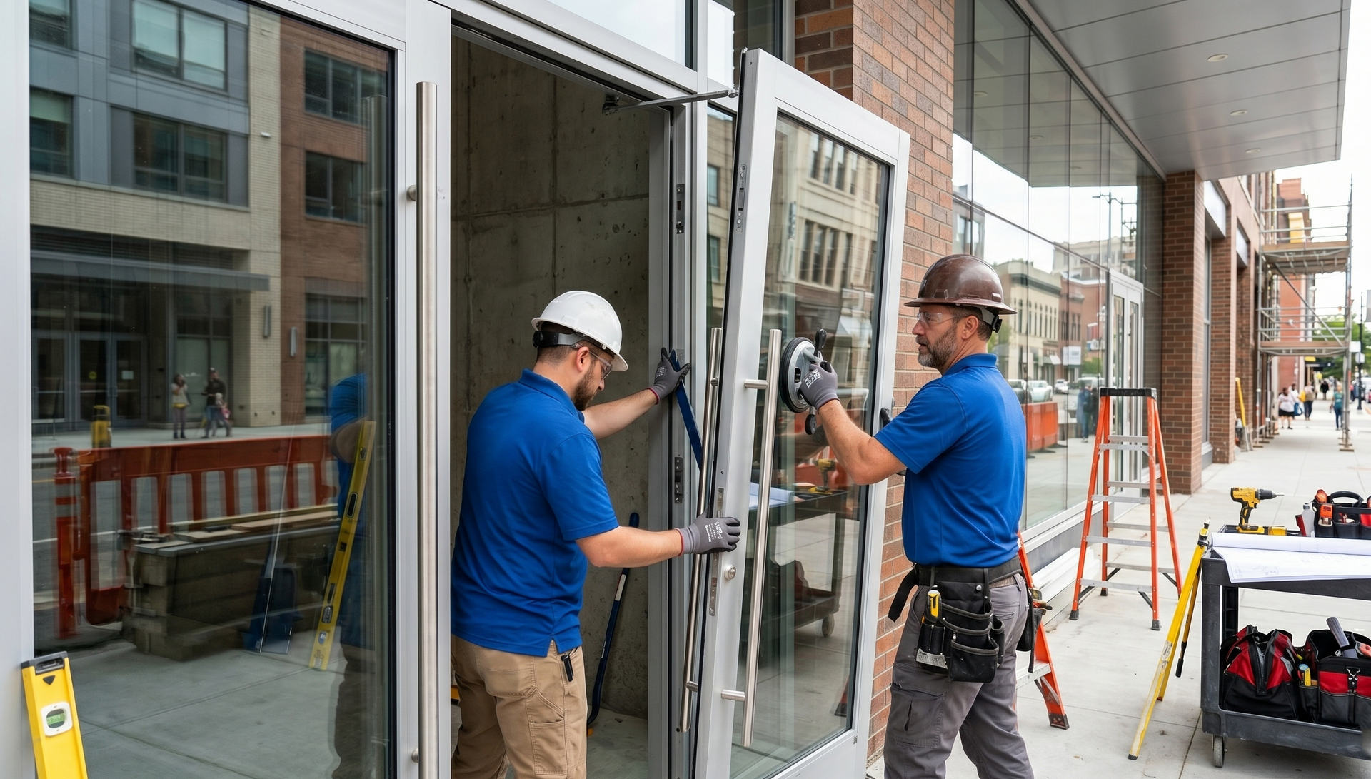 Two construction workers installing glass panels outside a modern building