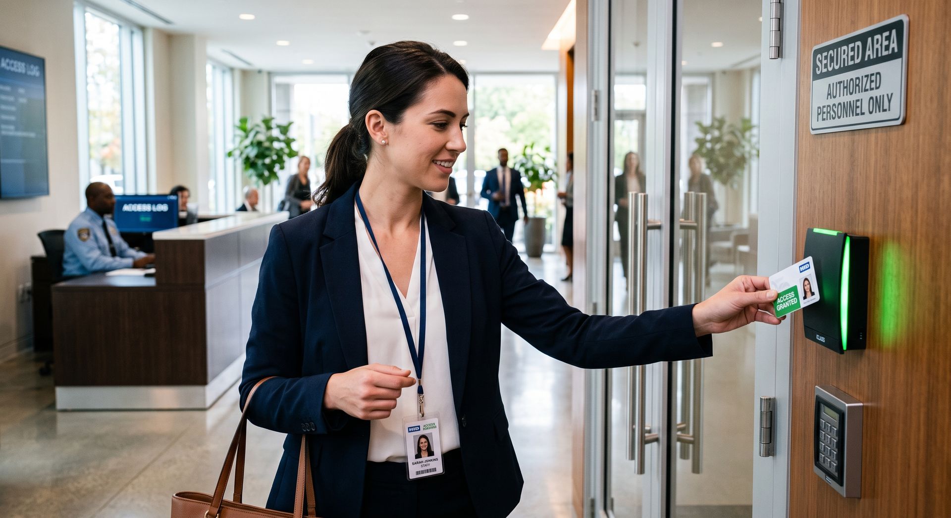 Woman in a lobby uses a card to open a door, with office reception in the background.