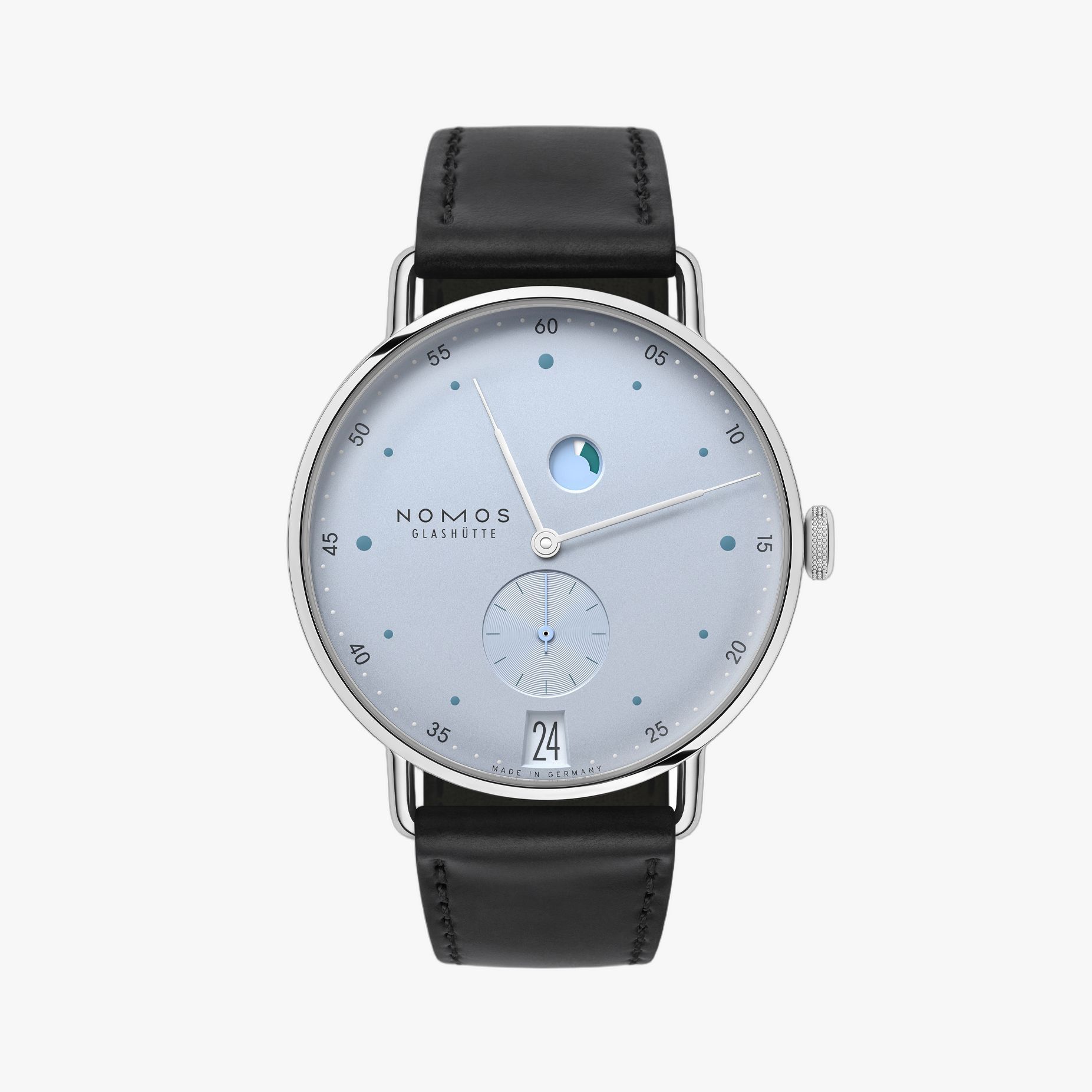 Nomos Metro Date Power Reserve ice blue ref. 1121 dial