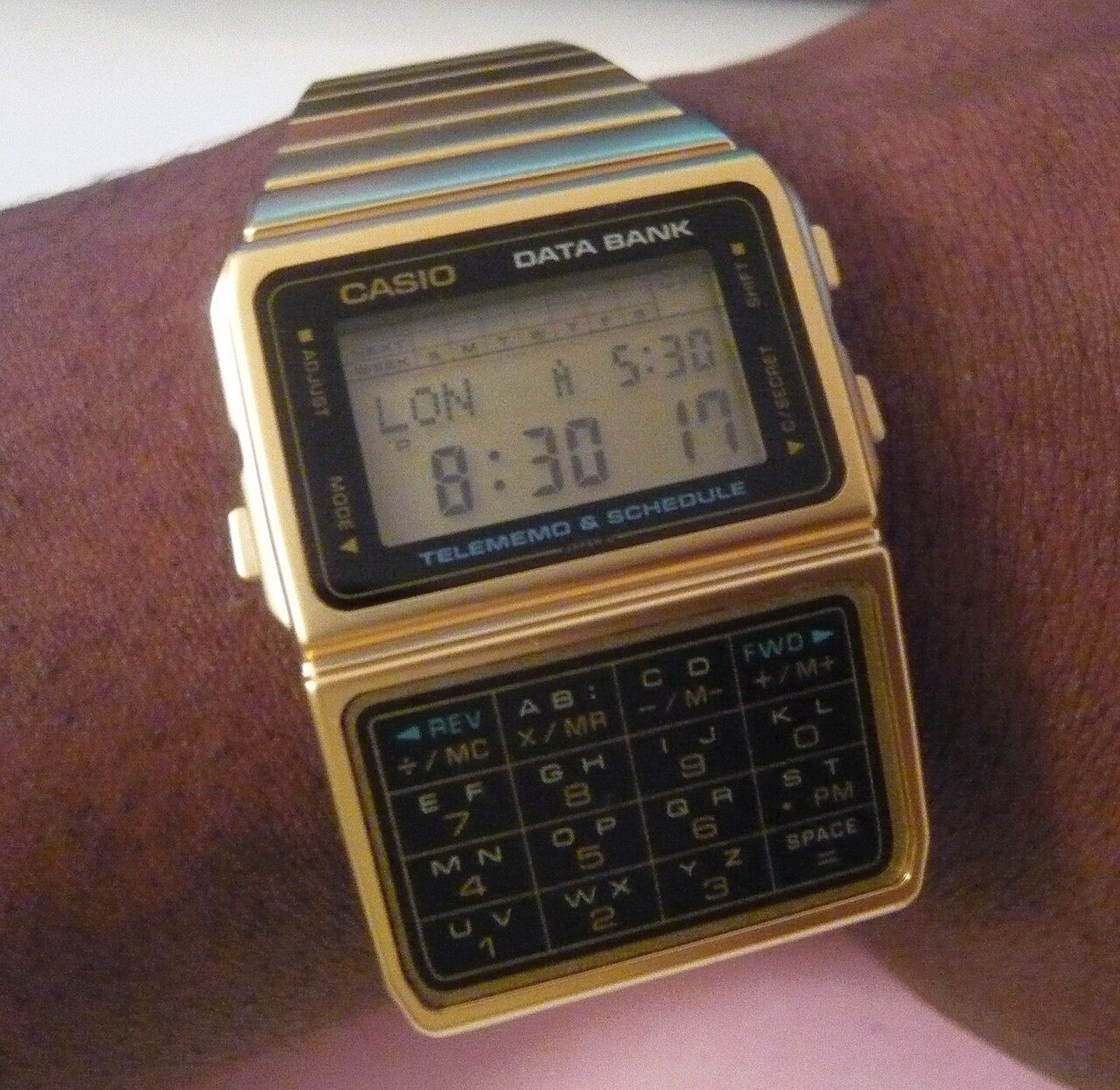 A Casio Databank with a gold-tone steel bracelet, used to store telephone numbers and memos in the pre-mobile-phone era.