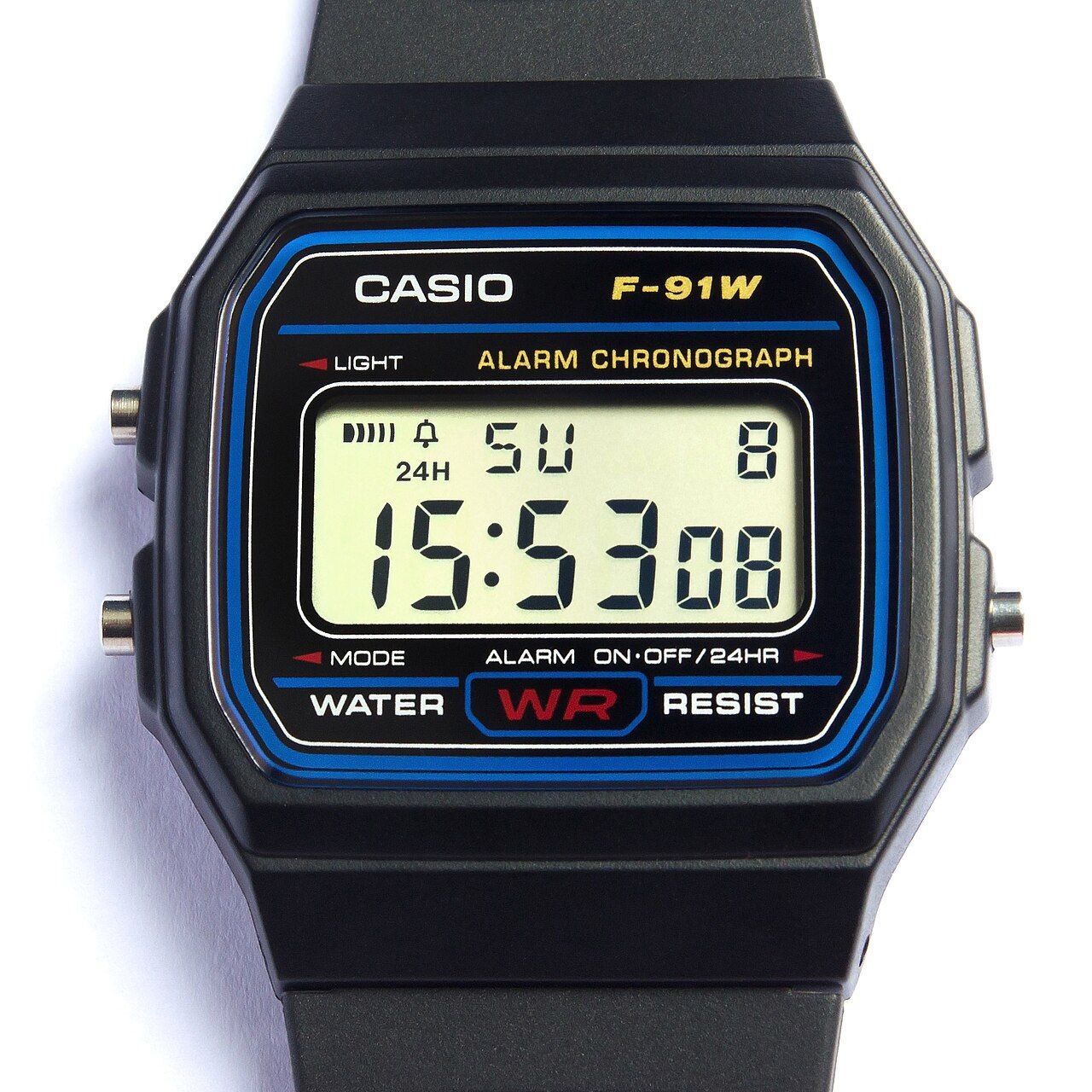 A Casio F-91W showing its LCD with day, date and time, the 'Alarm Chronograph' and 'Water Resist' legends, and the three function buttons.