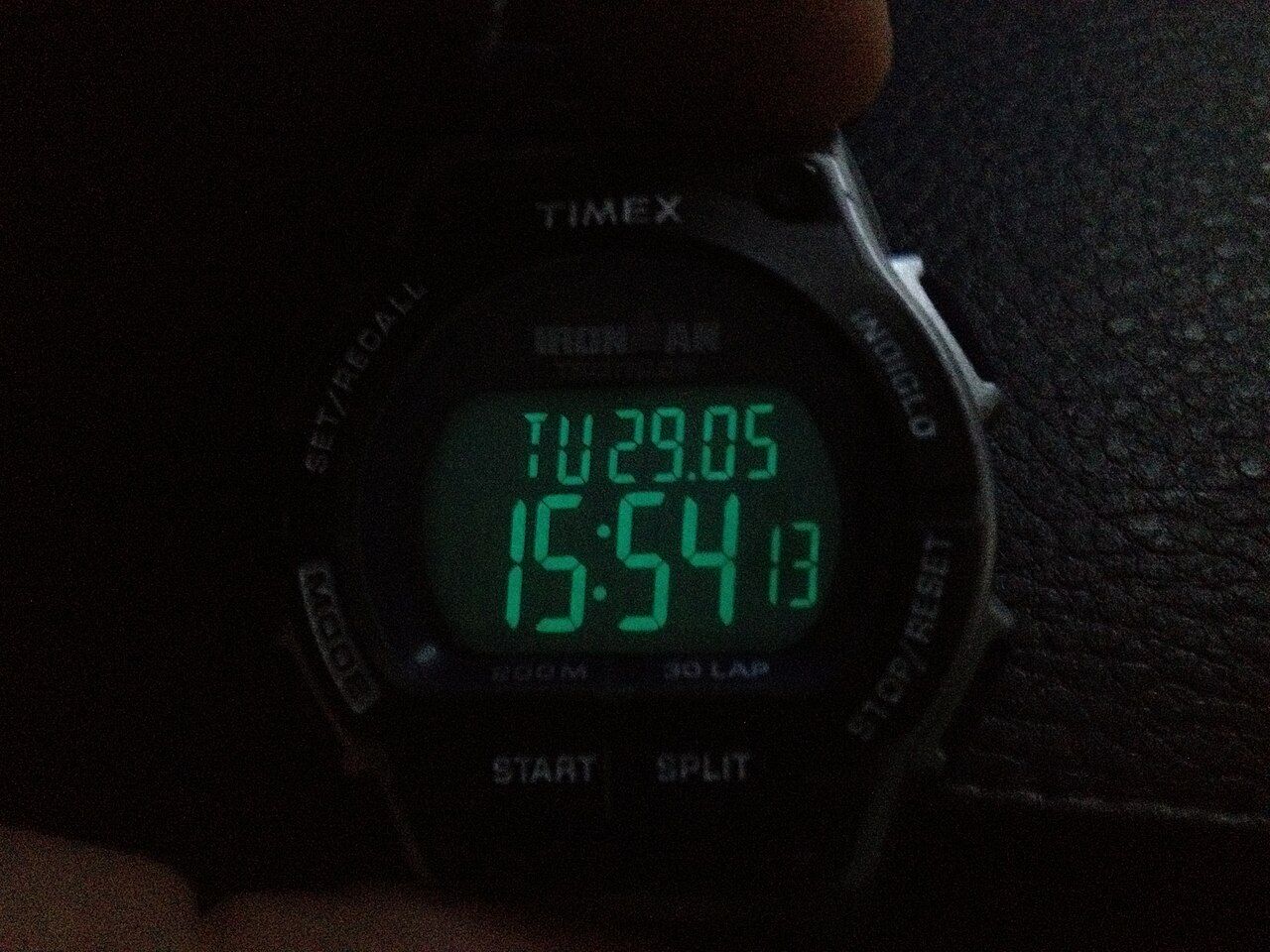 The Indiglo electroluminescent backlight on a Timex Ironman, illuminating the whole display.