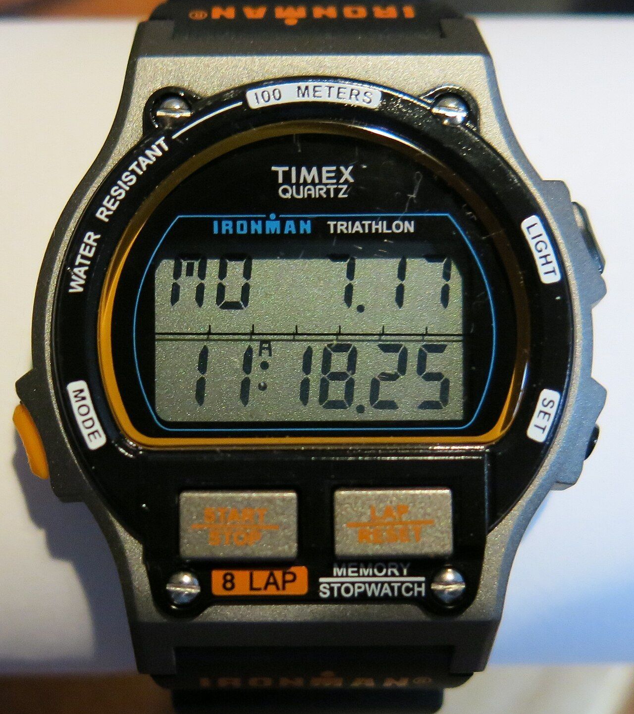 A first-generation Timex Ironman Triathlon from 1986, with its large LCD and the pushers used for the chronograph and lap functions.