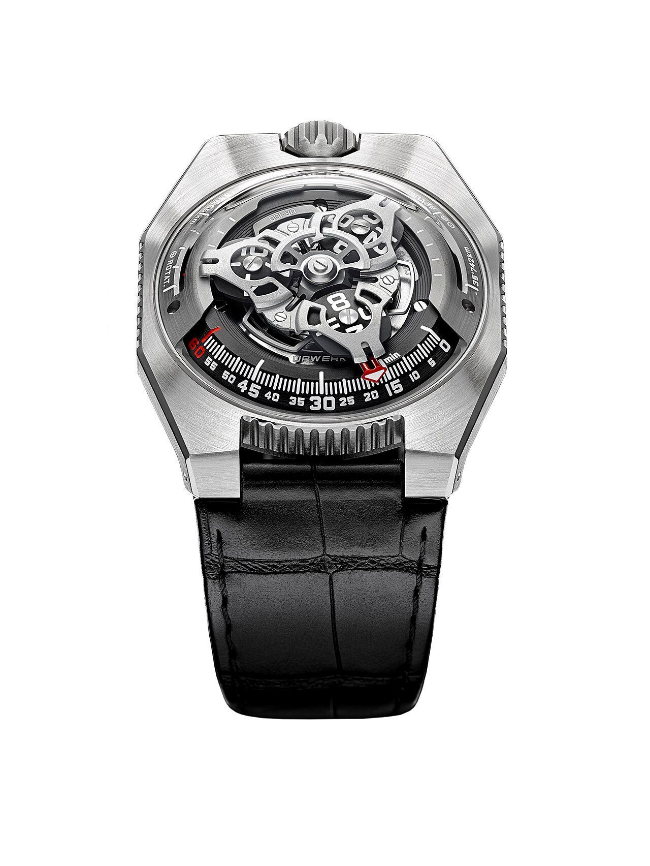 URWERK UR-100 wristwatch seen from the front, an earlier model with satellite hours