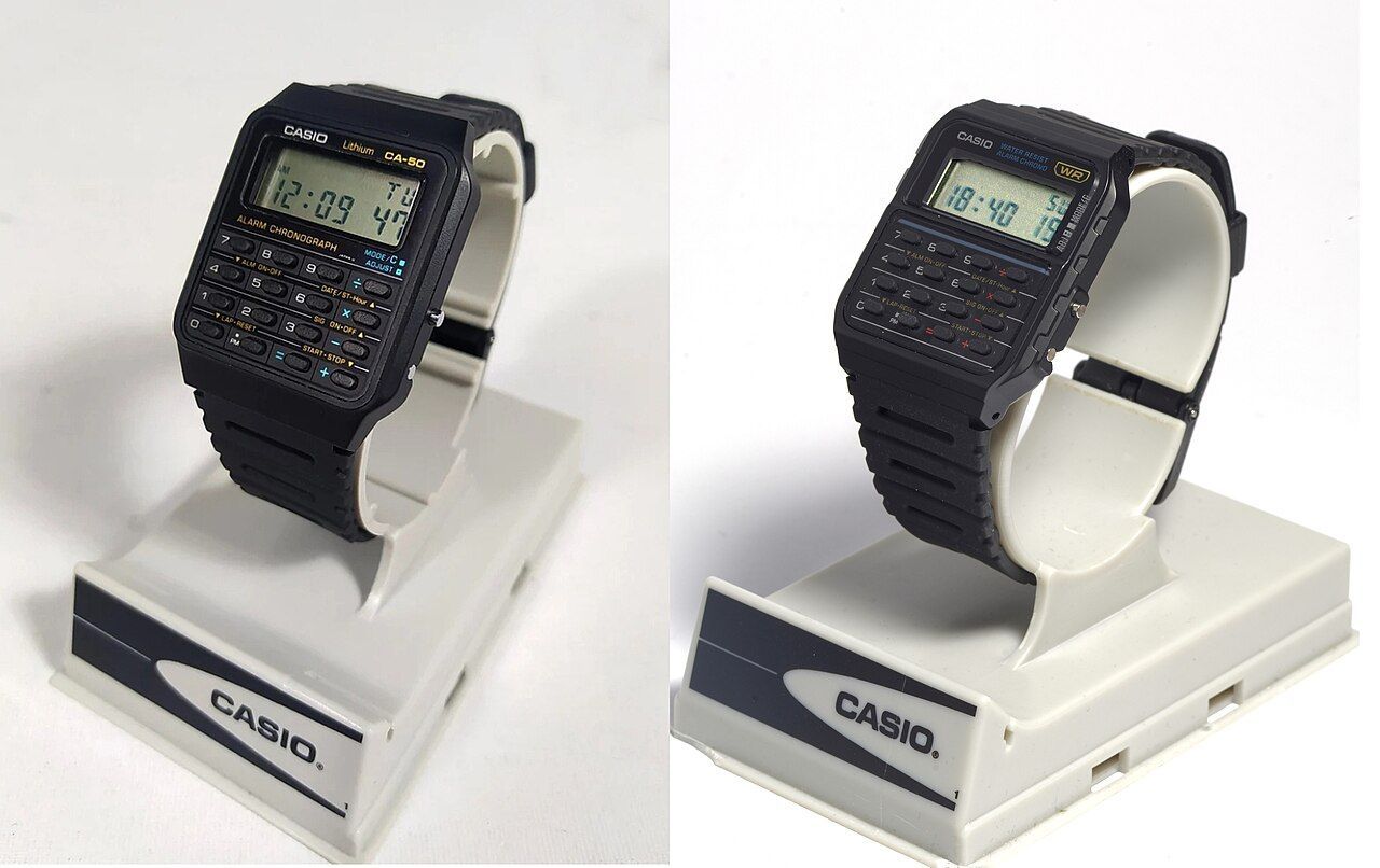 The Casio CA-50 alongside its successor, the CA-53W: the two calculator watches worn by Marty McFly across the Back to the Future films.