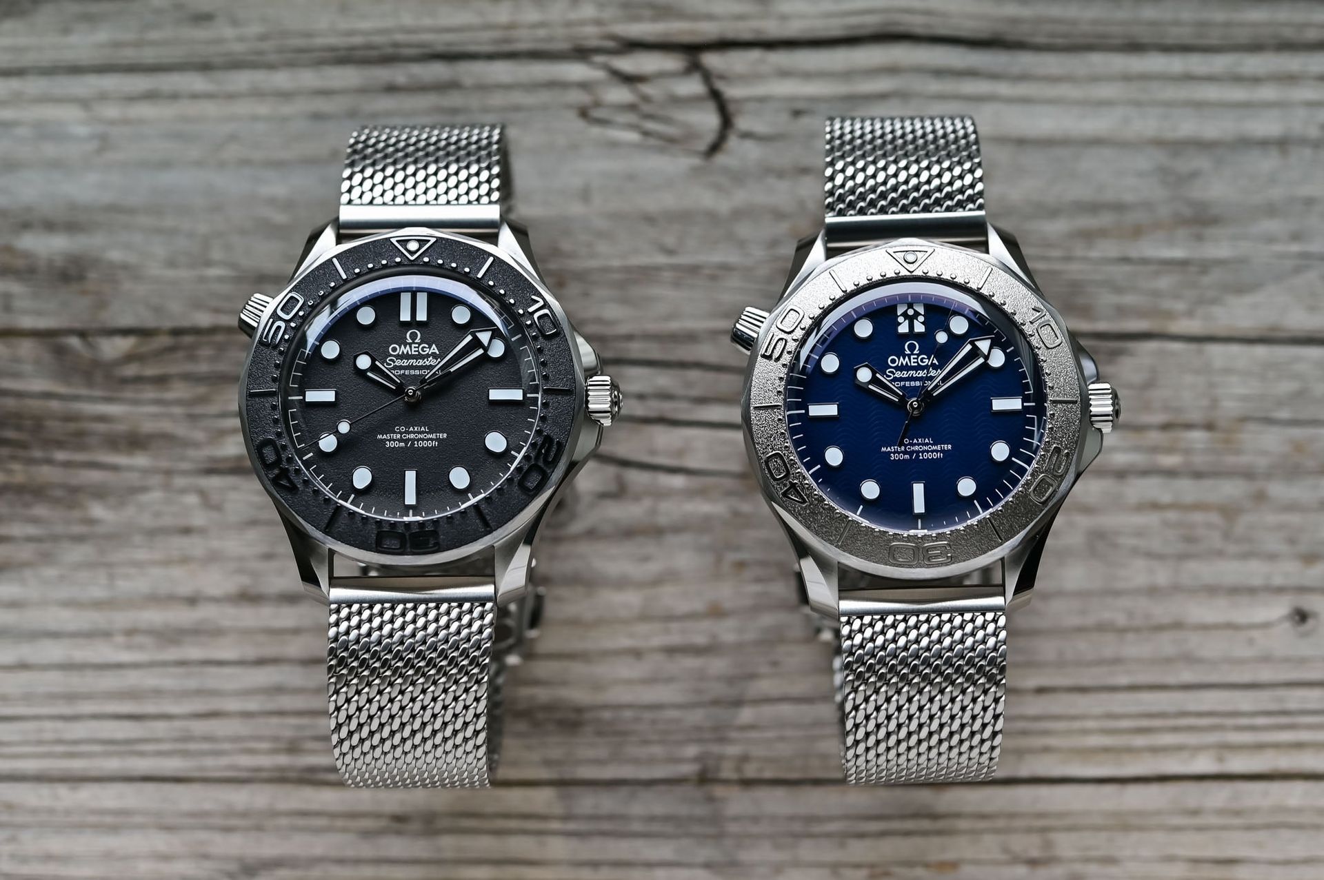 Omega Seamaster Diver 300M Spectre edition (black) and James Bond edition (blue) on steel mesh bracelets