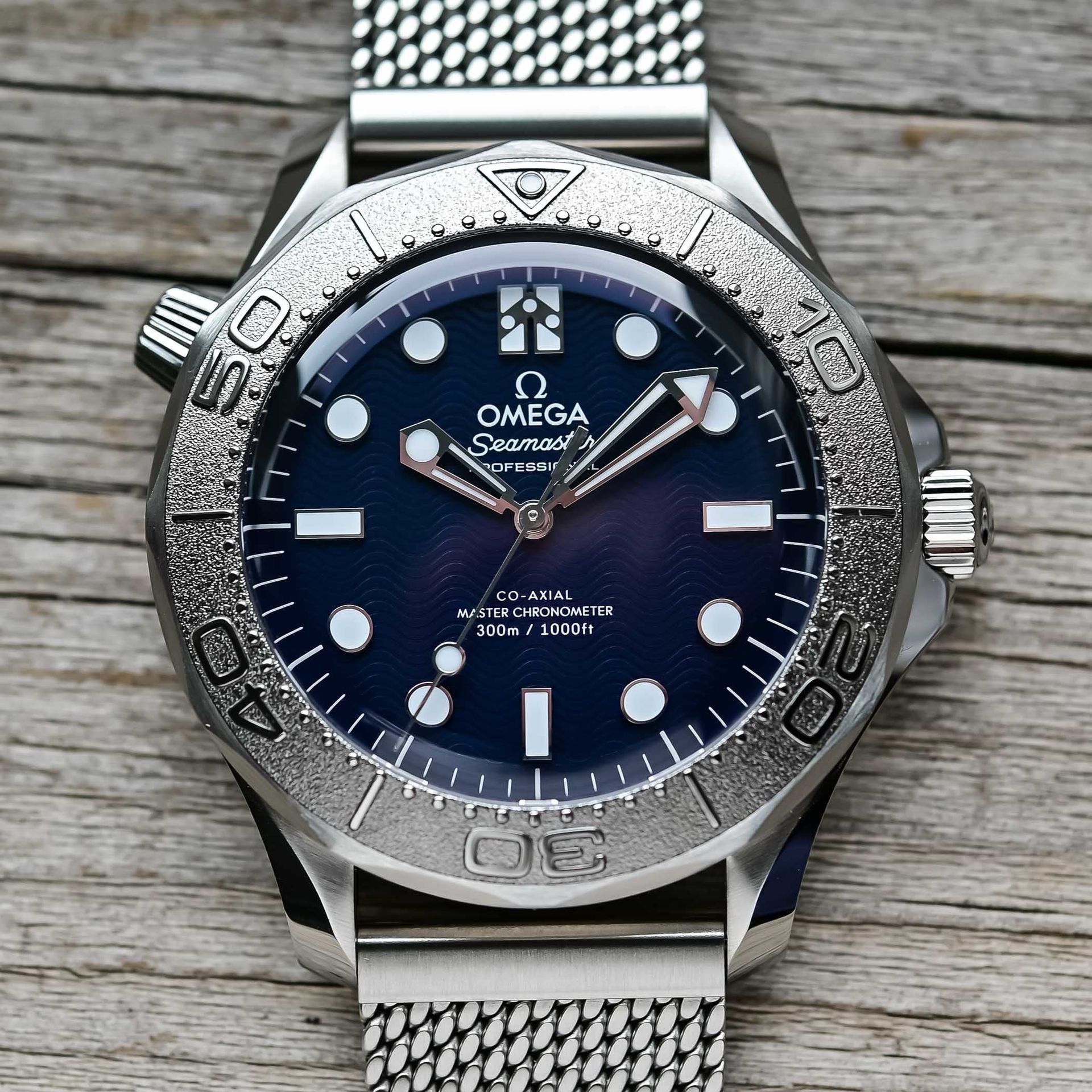 Omega Seamaster Diver 300M James Bond edition with blue wave dial and titanium bezel