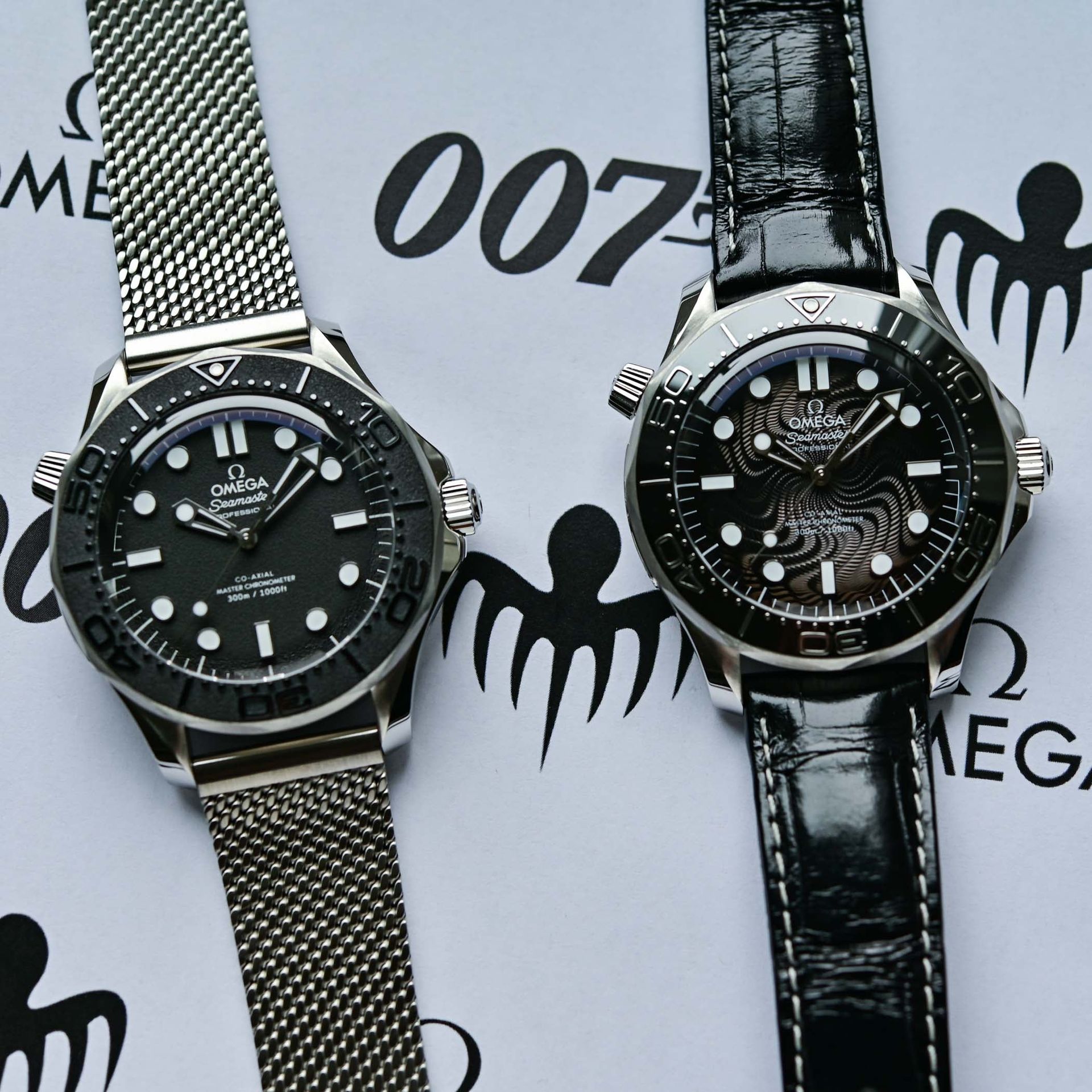 Omega Spectre limited set: steel Spectre edition on mesh and platinum-gold Spectre model on black alligator
